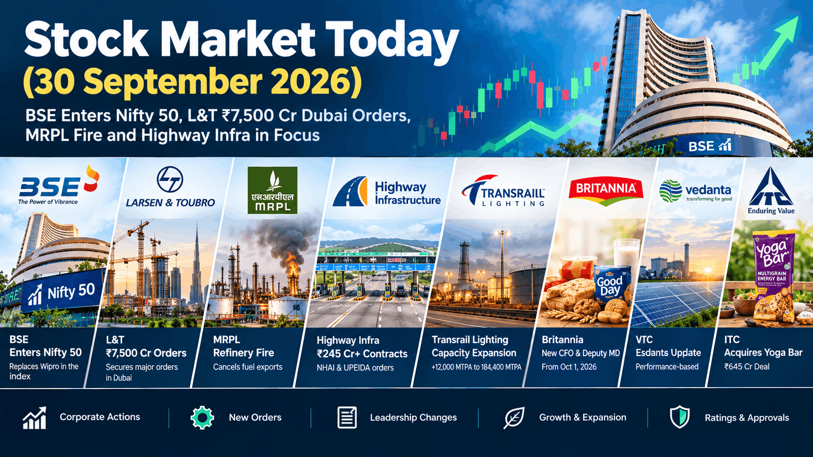 Stock Market Today (30 September 2026): BSE Enters Nifty 50, L&T ₹7,500 Cr Dubai Orders, MRPL Fire and Highway Infra in Focus